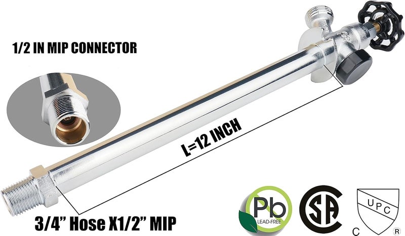 WHK Brass 12" Frost Proof Outdoor Faucet, Anti-Siphon Sillcock, Polished Chrome, 1/2" MIP x 3/4" Hose Bibb - Image 2